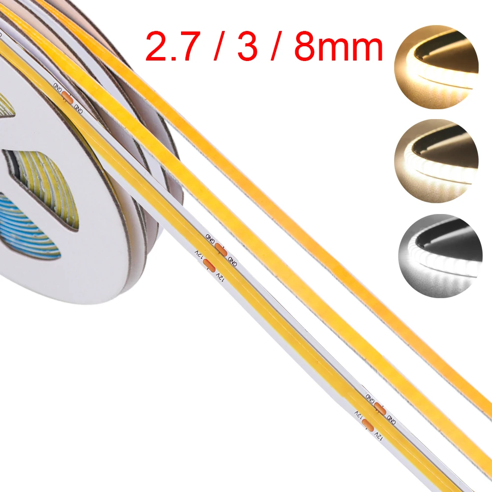 2.7mm 4mm COB LED Strip Light 12v 24v 5v Ultra thin Bright 480LEDs/m 8mm PCB RA90 High Density Flexible Lamp Linear Lighting