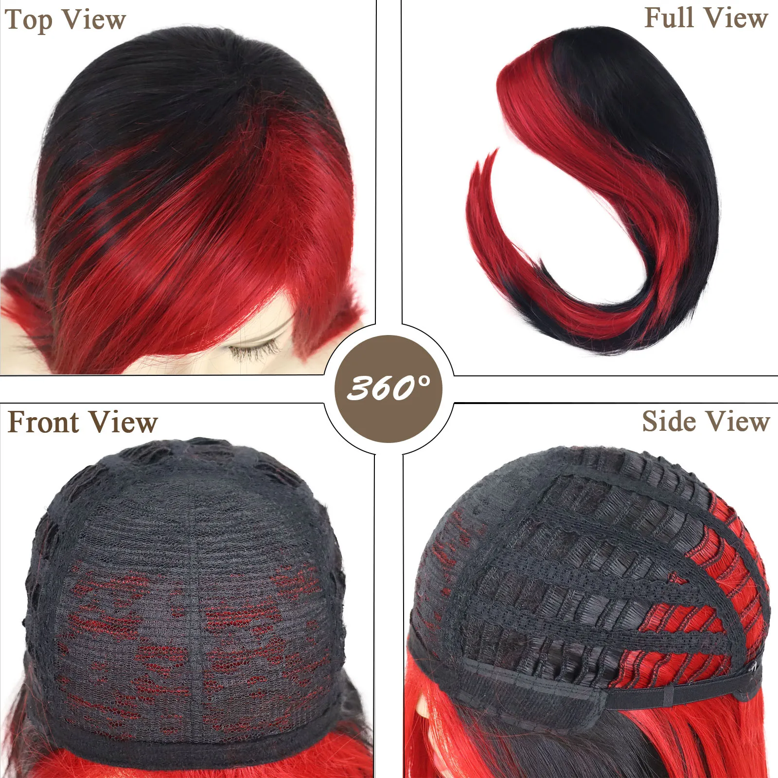 Parrucche rosse e nere per donna Parrucca sintetica lunga diritta da 30 pollici con frangia Parrucca di scena Stile gotico Miscela di due colori Festa a tema Emo