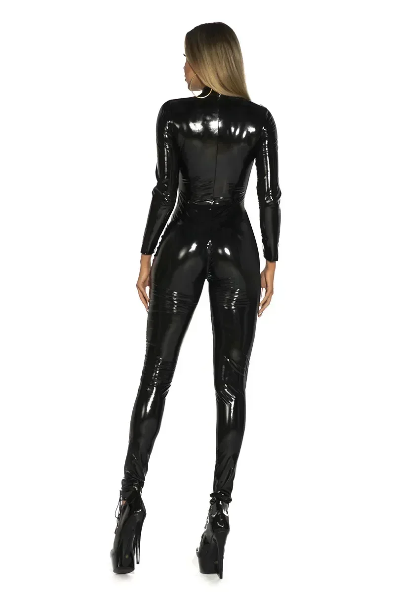 Combinaison en similicuir PU pour femme, costume de batterie en latex à entrejambe ouvert, aspect brillant, manches longues imbibées, fermeture éclair