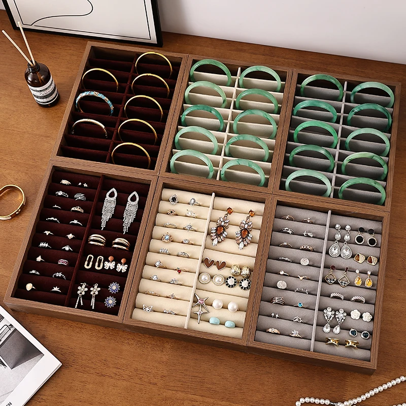 

Vintage Wood Velvet Divided Jewelry Tray Multi Grid Bracelet Ring Earring Necklace Storage Display Organizer for Women