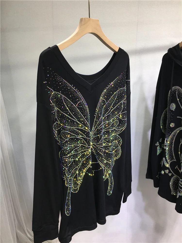 Y2k Coat Rhinestone Sweatshirt Light Luxury Butterfly V-Neck Top Black Loose Mid-Length Slimming Autumn Winter Hoodies Outerwear