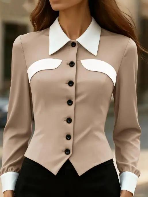 

Autumn Fashion Color Blocking Patchwork Lapel Long Sleeved Asymmetrical Shirt for Women, Slim Fit Design, Button Up Front Shirt