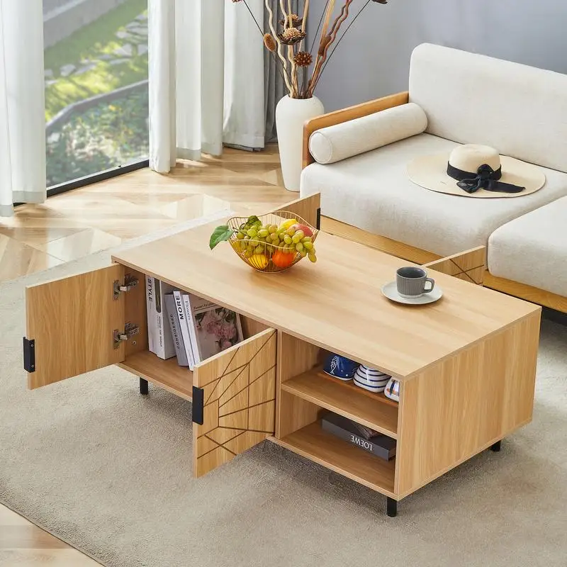 طاولة قهوة MDF حديثة مزخرفة على شبكة العنكبوت - فن هندسي وتصميم عملي بألوان خشبية طبيعية، 43.3 × 23.6 × 17.8 بوصة -