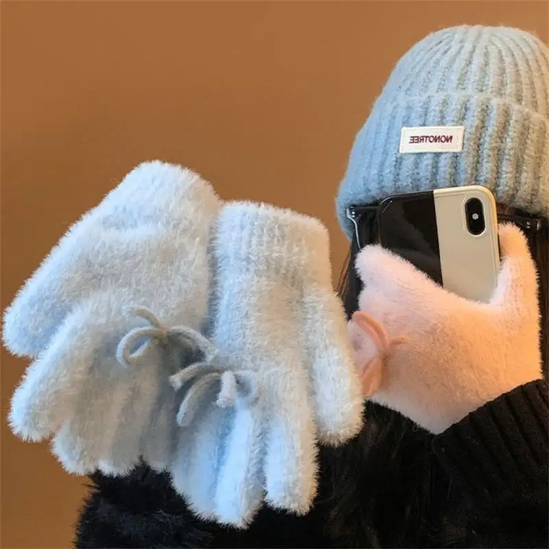 。Student Winter Warm Five-finger Gloves Cute Sweet Bow Plush Gloves Cold-Proof Gloves Women Fashion Accessories Christmas Gifts