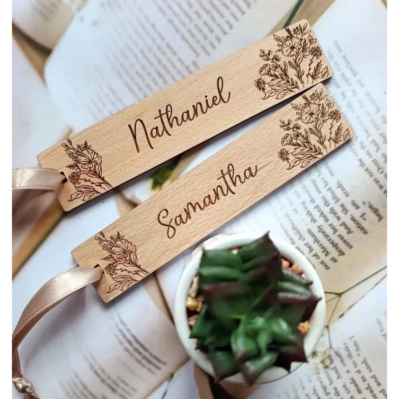 

"5pcs Personalized Wooden Wedding Bookmarks – Custom Name Engraved, Doubles As Place Cards & Unique Guest Favors"