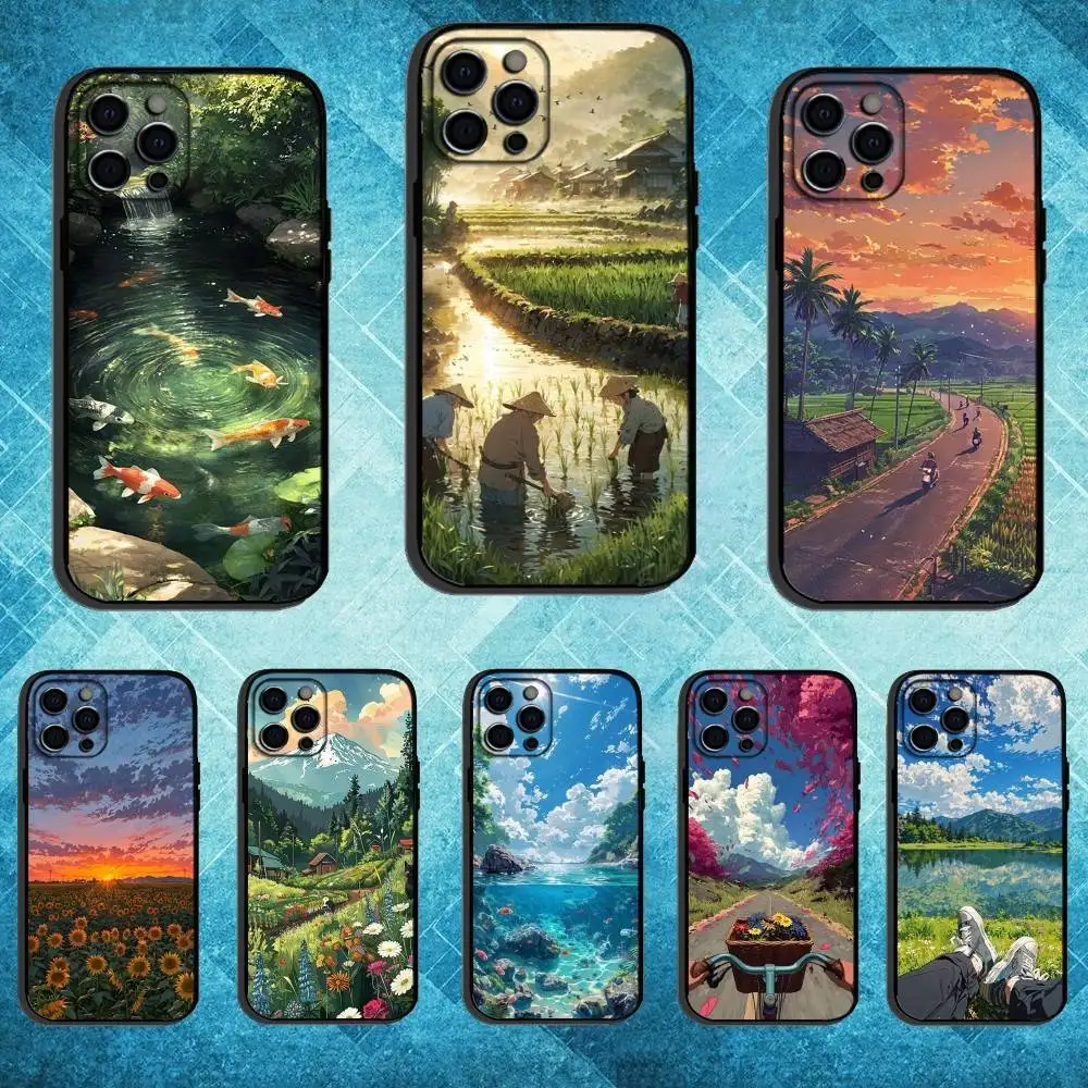 حافظة هاتف مطلية بمناظر طبيعية لهاتف iPhone17,16,15,14,13,12,11 Plus، Pro Max غطاء أسود ناعم #1