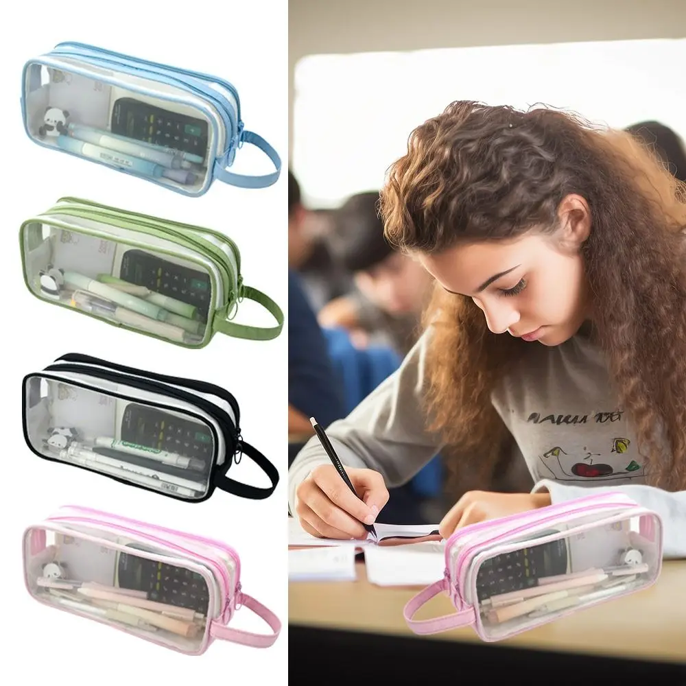 

NEW Large Capacity Pencil Case Mesh 2 Compartment Pen Bags Handheld Design Zipper Closure Student Stationery Organizer School
