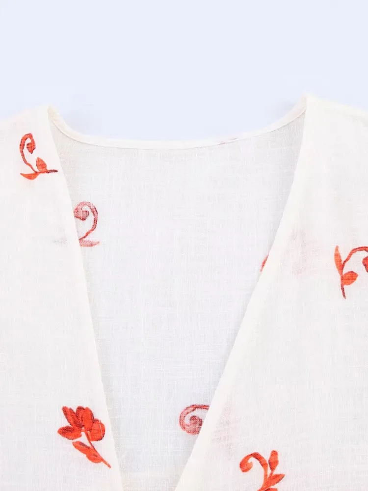 2025 Women Summer Mini Dress Vintage Print Loose V-Neck Tassel Long Sleeve Female Elegant Street Dresses Clothing