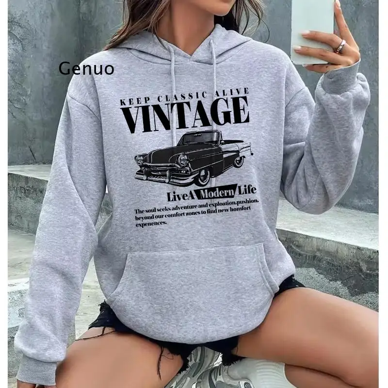 

Винтажная толстовка с рисунком автомобиля, толстовка с принтом в стиле ретро Keep Classic Alive, эстетический повседневный пуловер Y2K для женщин и девочек, идея подарка