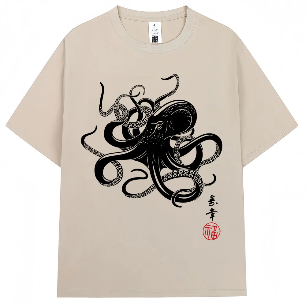 

Japanese Style Octopus Calligraphy Gyotaku T Shirt Anime Men Women Fashion Harajuku Vintage T-shirts Loose Cotton Casual T-shirt