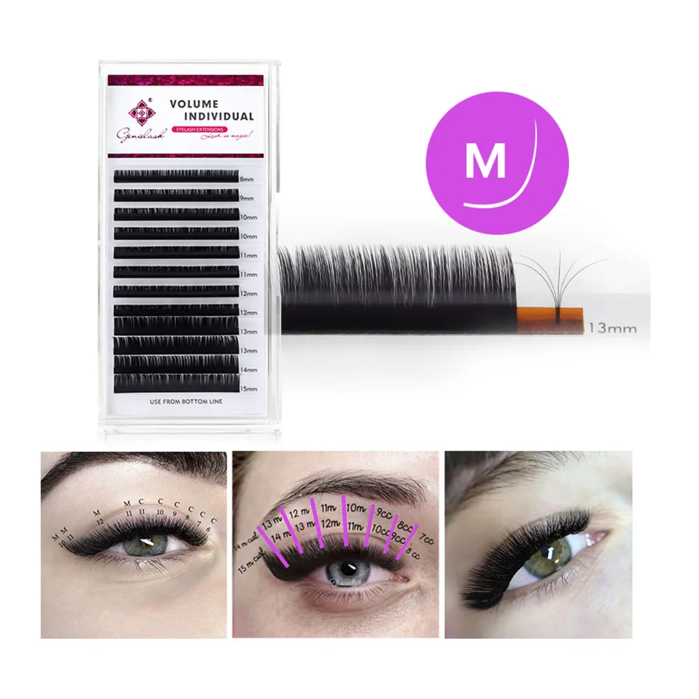 Genielash M Curl 12Rows/Tray 8-15mm Mix Individual Mink Eyelashes Extension Russian Volume Eyelashes Extension Supplies