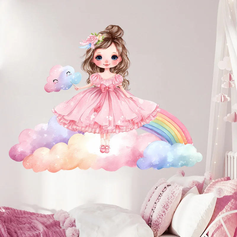 

Cartoon Cloud Rainbow Bridge Little Girl Wall Sticker Study Room Children's Room Decoration Sticker Self-Adhesive Removable