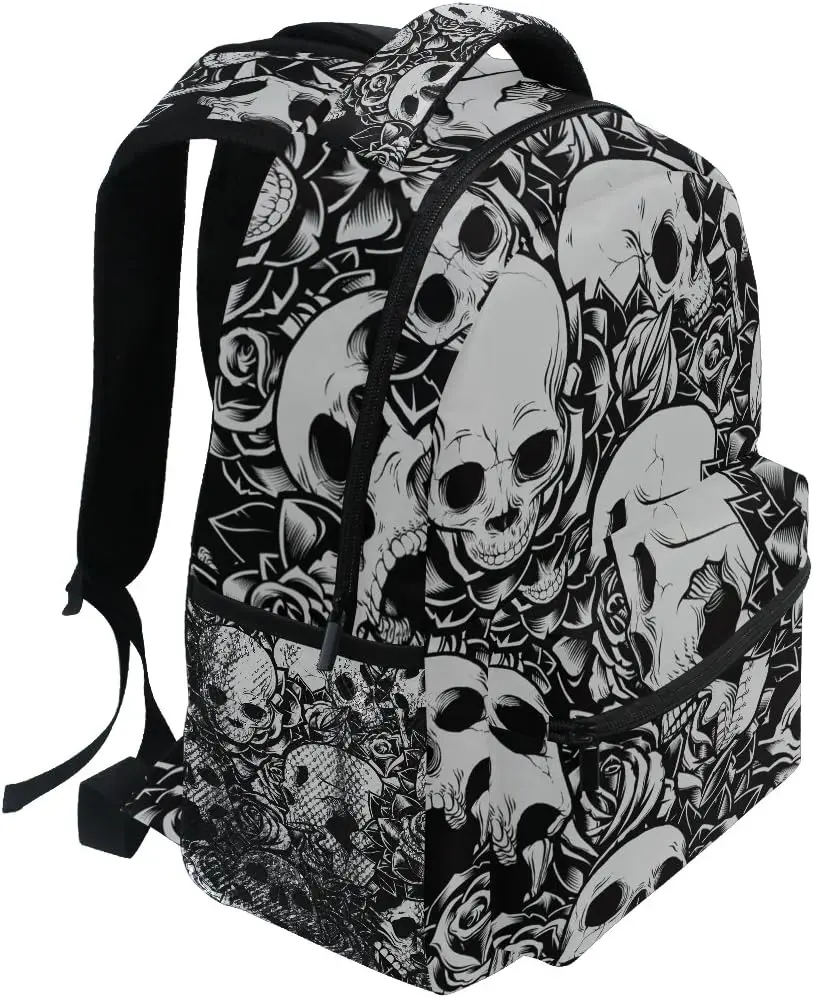 Floral Flower Sugar Skull Black and White Boys Girls School Computer Backpacks Book Bag Travel Hiking Camping Daypack