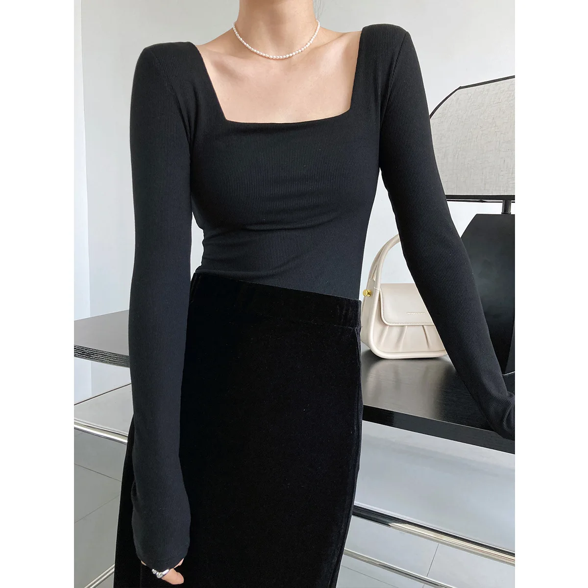 2024 New Women Spring Sexy Square Neck Long Sleeve Slim T Shirts Women Sexy Fashion Tees Tops For Women Clothes