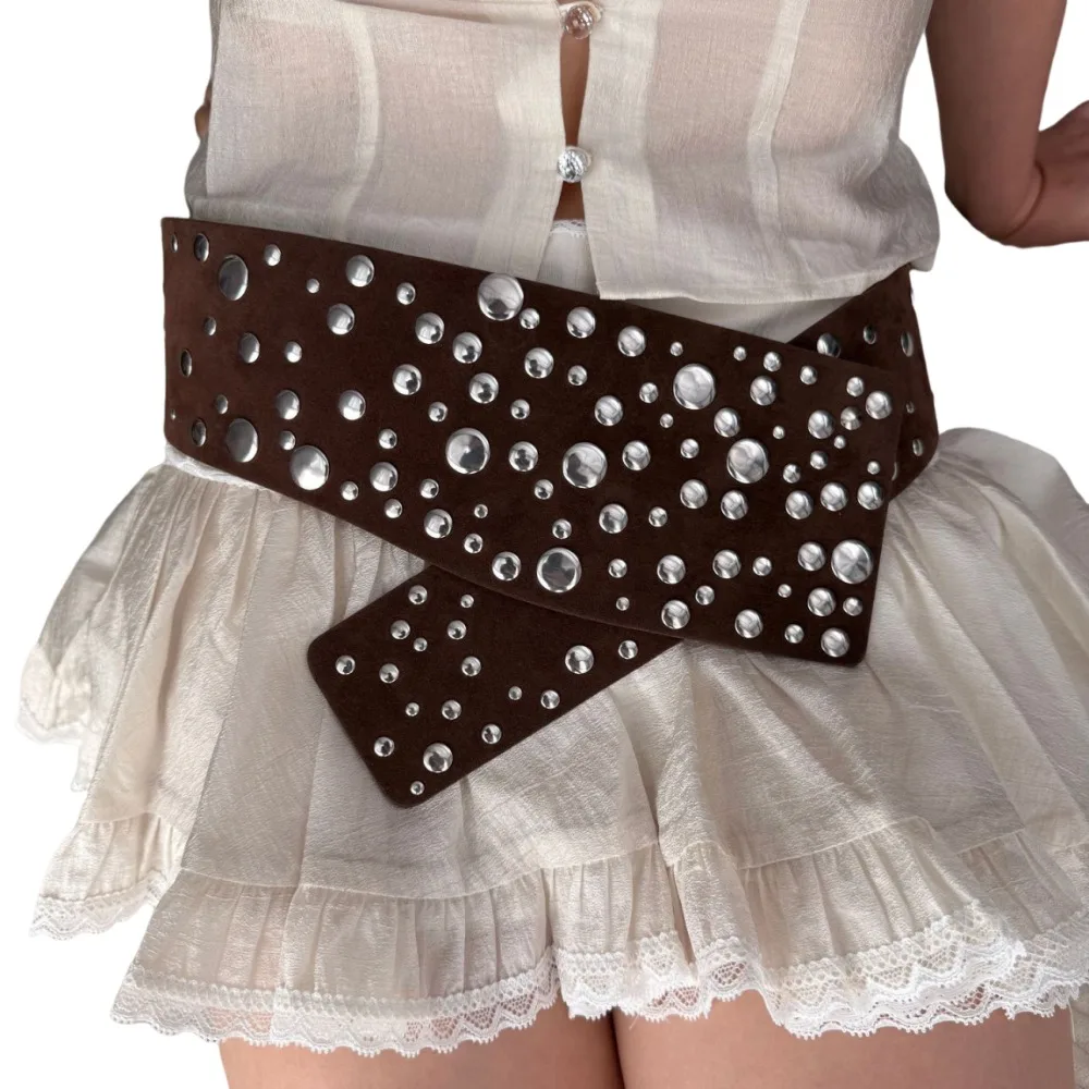 Jeans Belt PU Leather Rivets Extra Wide Belt Y2K Punk Irregular Decorative Belt Gothic Exaggerated Women Waist Belts Festival