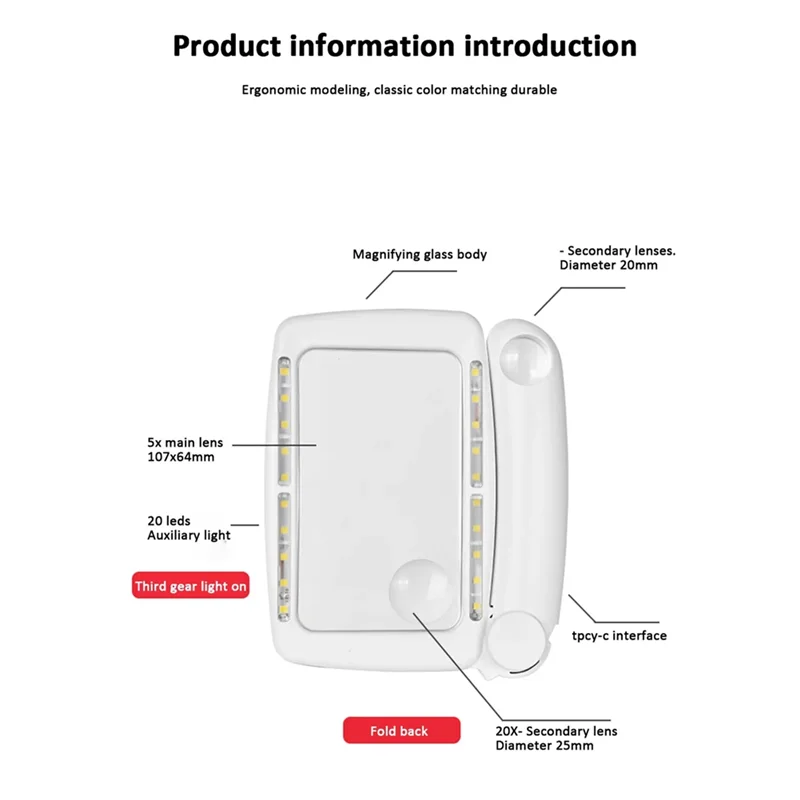 

ABUP-5/20/45X увеличительное стекло с подсветкой и 20-светодиодами, перезаряжаемая ручная увеличительная лупа для чтения с небольшим шрифтом для пожилых людей