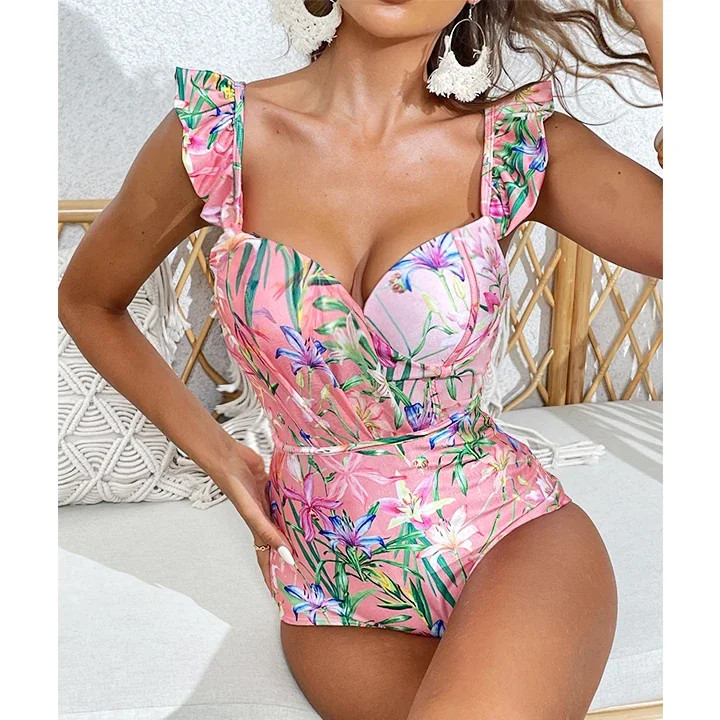 FLAXMAKER Floral Print One Piece Swimsuit and Mesh Splicing Sarong Summer Swimwear Women Beachwear