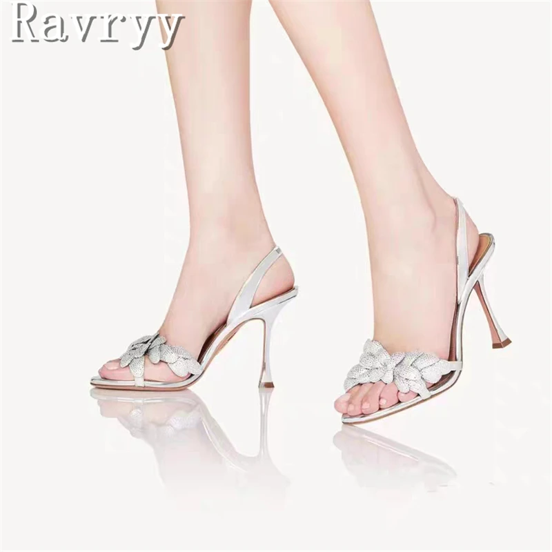 Gold Flower Rhinestone High Heels Sandals Women New Brand Open Toe Thin Heel Back Strap Sandal Ladies Party Wedding Shoes