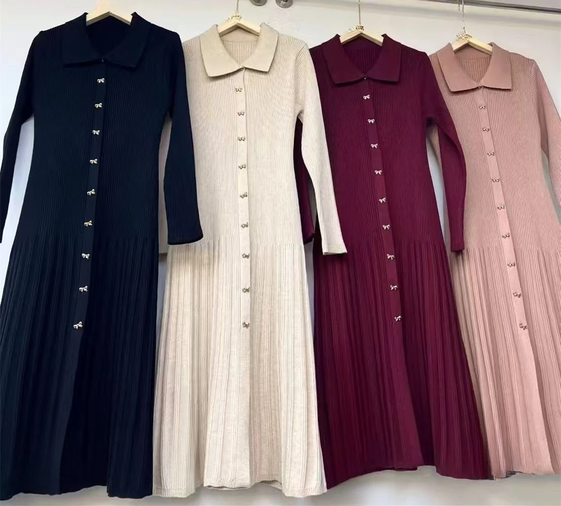

Women Kintted Dresses Work Dress Long Sleeve Polo Collar Single Breasted Mid Calf Elegant Loose Fit Casual 2025 Autumn Winter