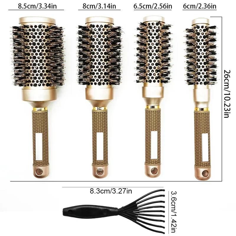 2pcs/set Professional Salon Round Hair Brush Heat-Resistant Rolling Thermal Aluminum Tube Barrel Comb with Mini Cleaner Tools