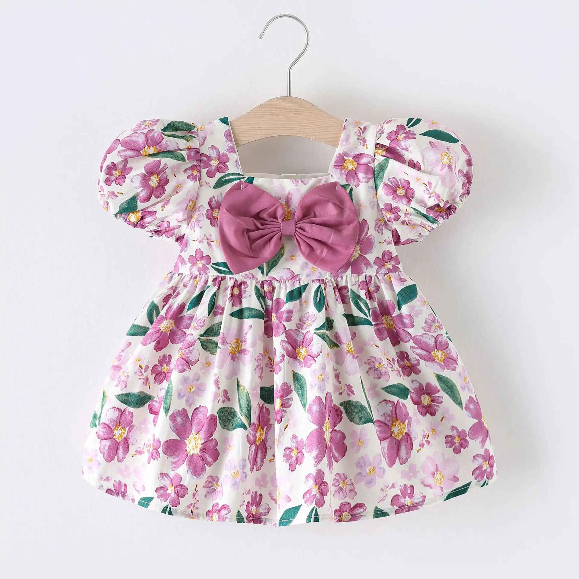 Girl Kid's Dress Summer Flower Rendering Print Cute Bow Girl Dress Leisure Beach Style Girl Dresses Baby Clothes