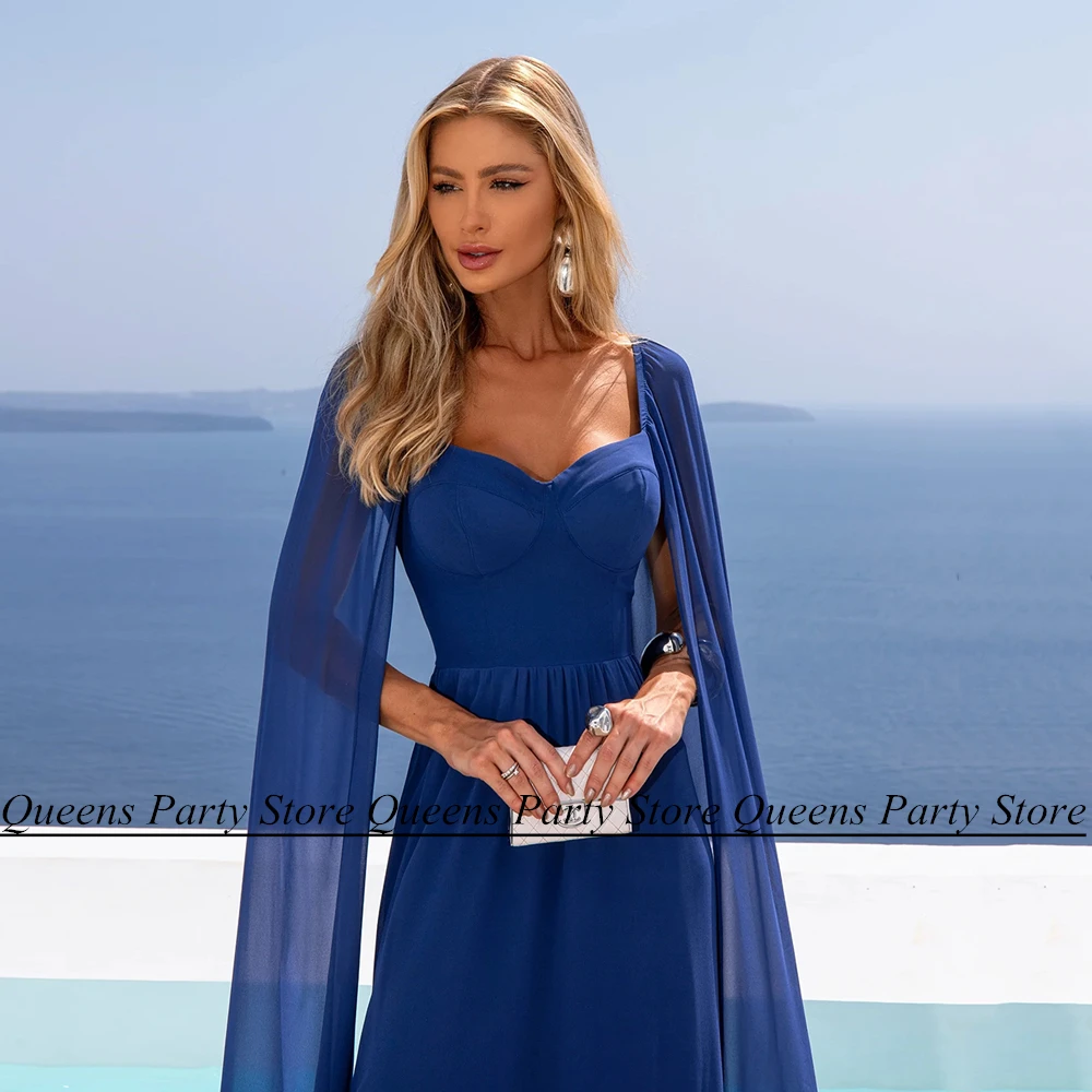 Royal Blue Mother of The Bride Dress Sweetheart Long Cape Floor Length Chiffon A Line abito da sposa abiti da festa arabi