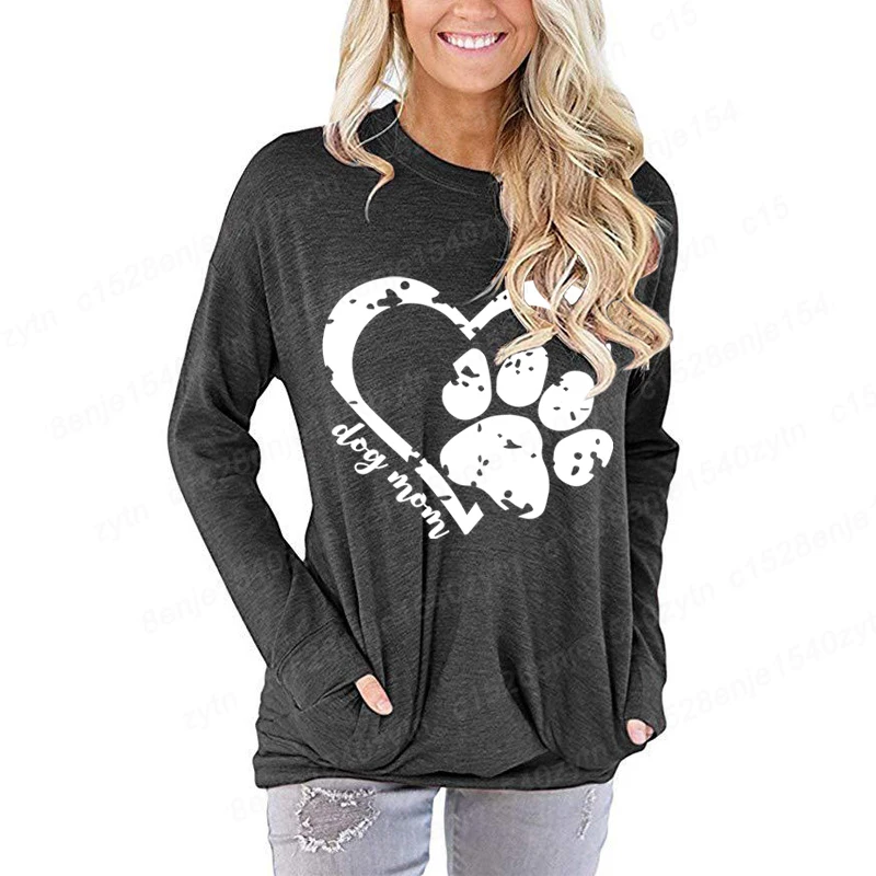 

Fashion Blouse Women Long Sleeve T Shirt Heart Dog Paw Dog Mom Print Autumn Winter Sweatshirt Soft Loose Pullover O-Neck T-Shirt