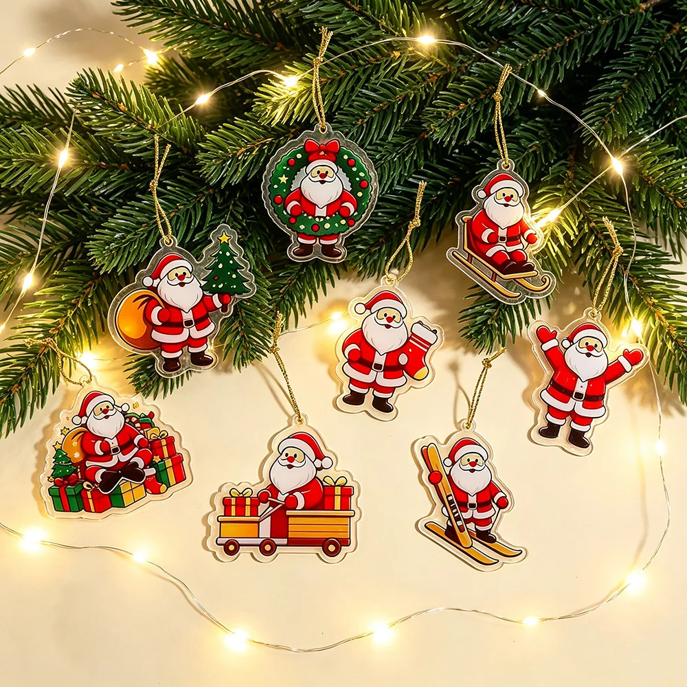 8Pcs/Set Christmas Tree Decoration 2D Flat Cartoon Santa Claus Gingerbread Man Acrylic Hanging Ornament for Holiday Car Pendant
