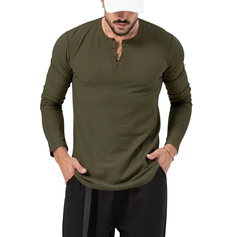 Men\'s round neck solid color button up long sleeved T-shirt Henley casual sports bottom shirt