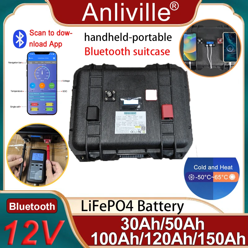 LiFePO4 Battery 12V 30Ah 50Ah 100Ah 120Ah 150Ah with Bluetooth BMS, 12.8V Deep Cycle for Outdoor Cam