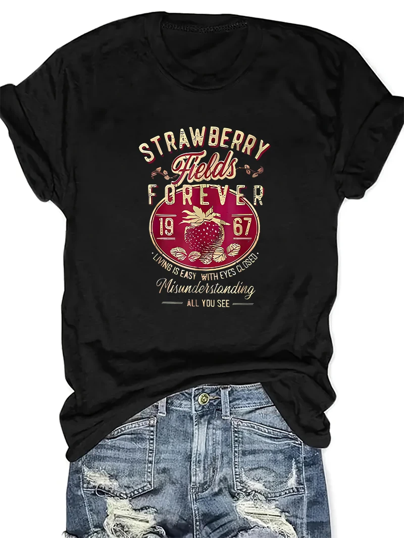 Harajuku Strawberry Fields Forever Letter Print Women T Shirt Short Sleeve Crew Neck Summer Casual Top for Women Clothes Shirts