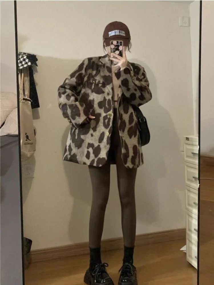 Leopard Patterned Blazer Tweed Jacket Woolen Coffee Suit Coat Women Autumn Spring Winter Elegant Female Loose Overcoat Outerwear