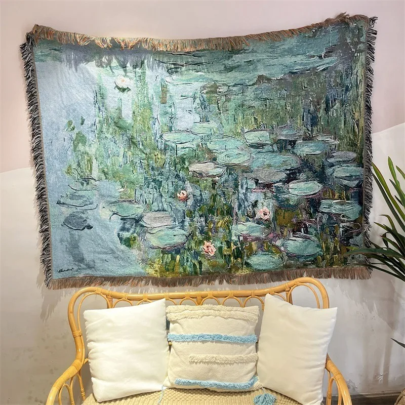 Monet Oil Painting Lotus Blankets for Bed Artistic Retro Home Decoration Tapestry Sofa Towel Flower Camping Picnic Mat Bed Cover