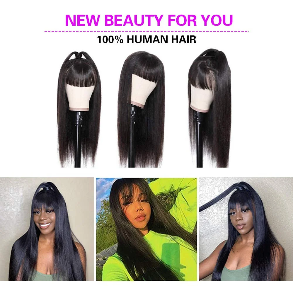 Perucas retas indianas do cabelo humano com franja para mulheres, 10A, cabelo do Virgin de Remy, nenhum laço, Glueless, máquina completa feita