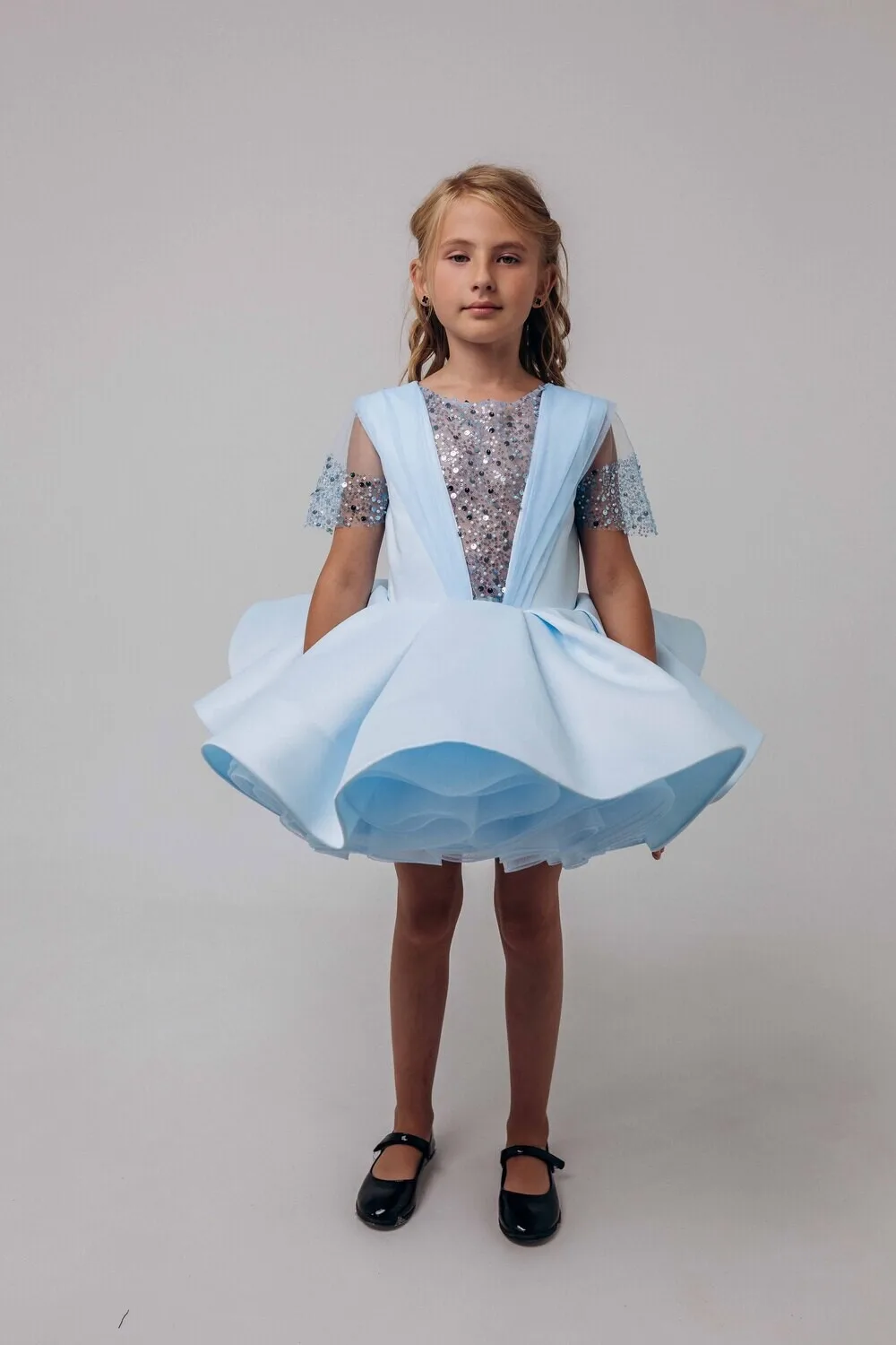 

Blue Flower Girl Dress Layering Colored Sequins Wedding Princess Beauty Pageant Cute Kids Birthday Gift First Communion Gowns