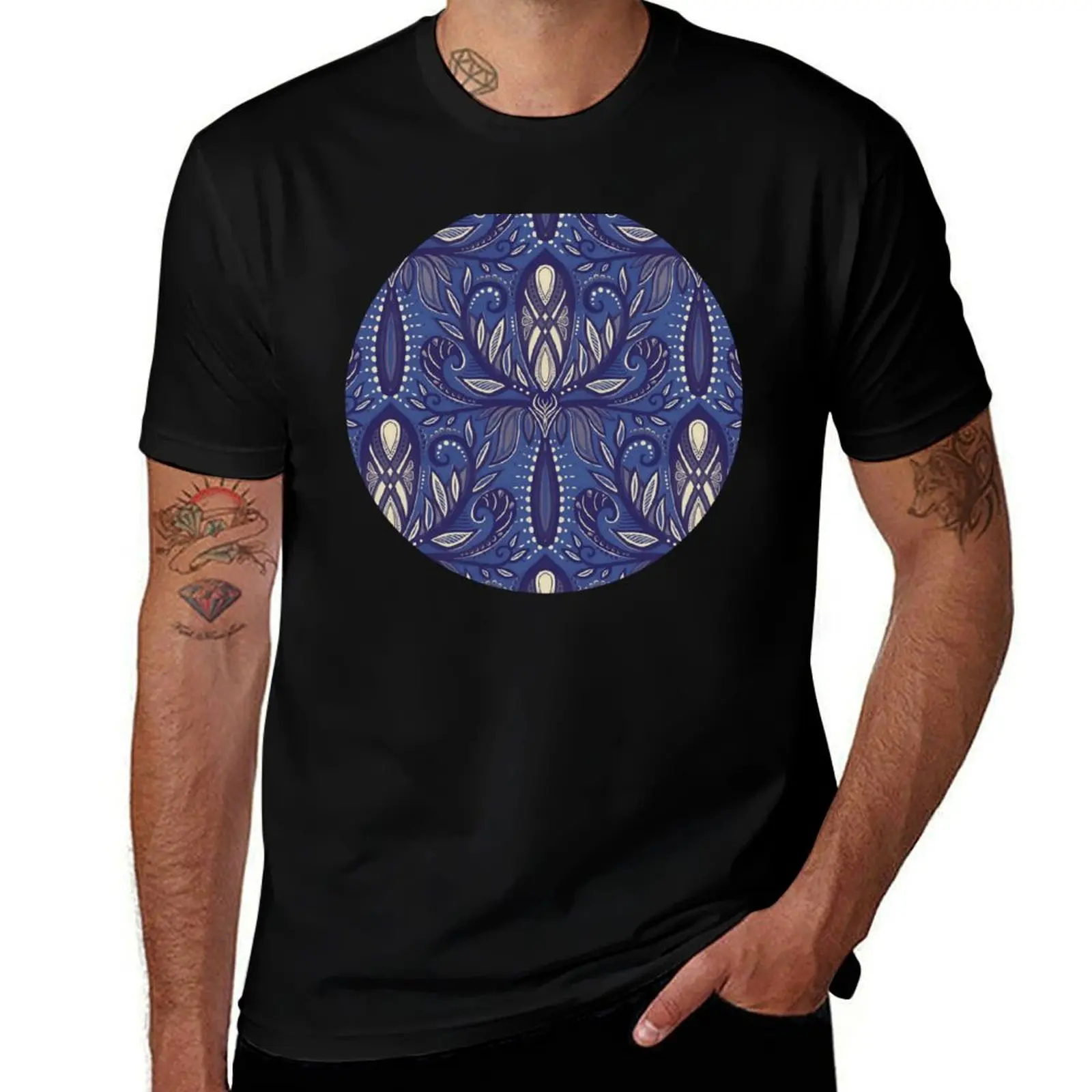 Blue Purple, Indigo and Cream Boho Abstract Botanical Damask T-Shirt graphics boys animal print shirts graphic clothing for men