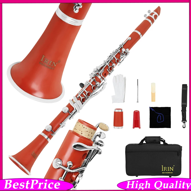 IRIN Rojo B ♭   Clarinete – Cuerpo de ABS, 17 llaves, 6 anillos con doble regulador y llaves de cobre blanco, con estuche de tela y kit de inicio completo