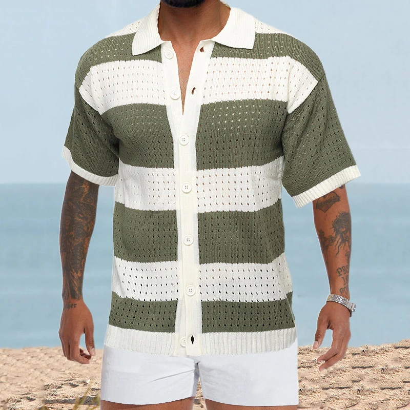 

Casual Male Hollow Out Shirt Summer Retro Striped Stitch Beach Shirt Men Clothing Knitted Short Sleeve Button Lapel Knit Shirts