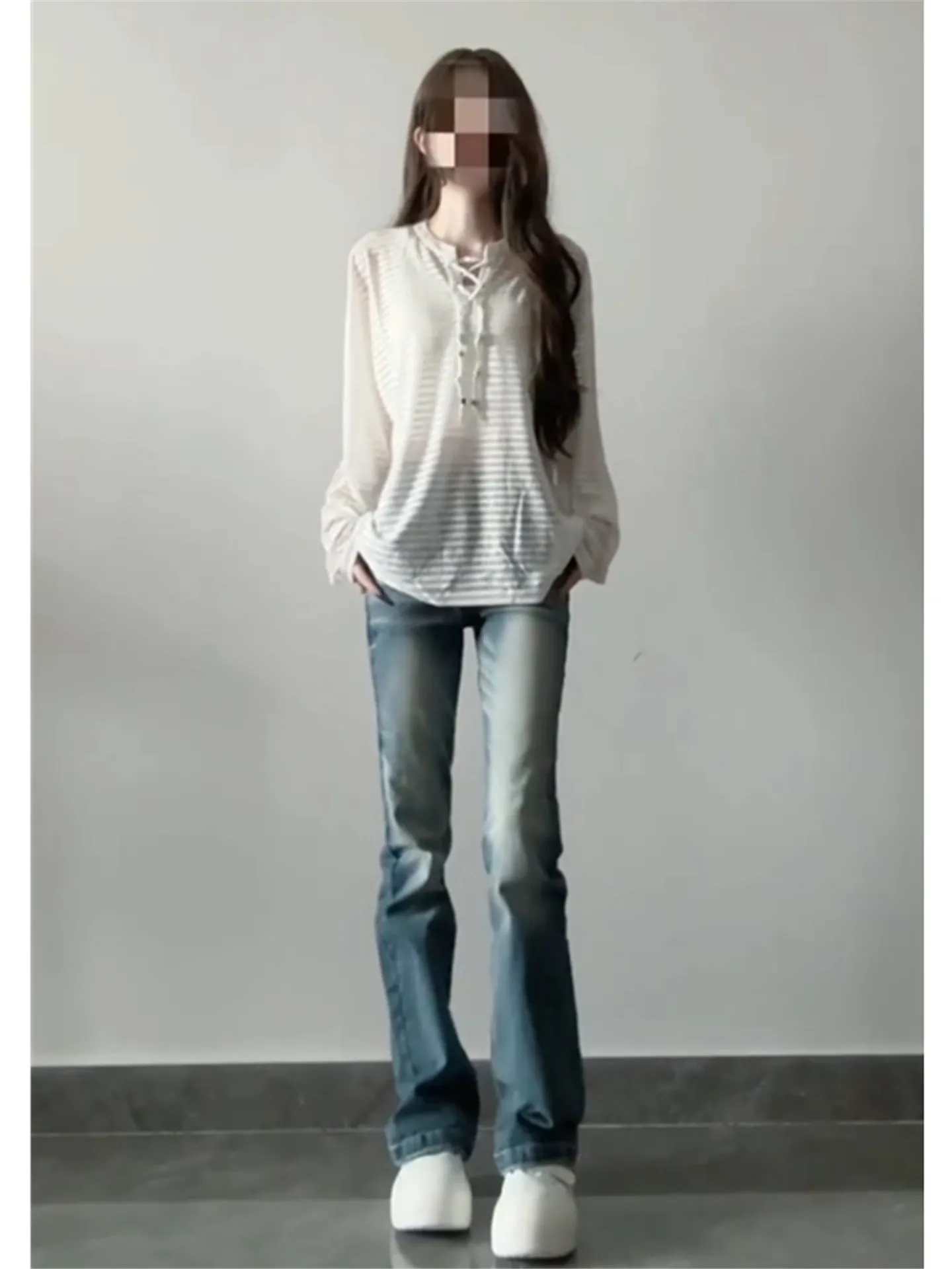 

Extended Length Retro Low Waist Flared Jeans Women's Slimming Washed Casual Pants High Waist Bell Bottom Denim Spring Season