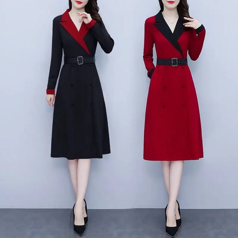 

Temperament Dress Women's Autumn 2022 New Large Size Fashion Black Red Long Sleeve Suit Collar Slim Mid Length Dress Midi T154