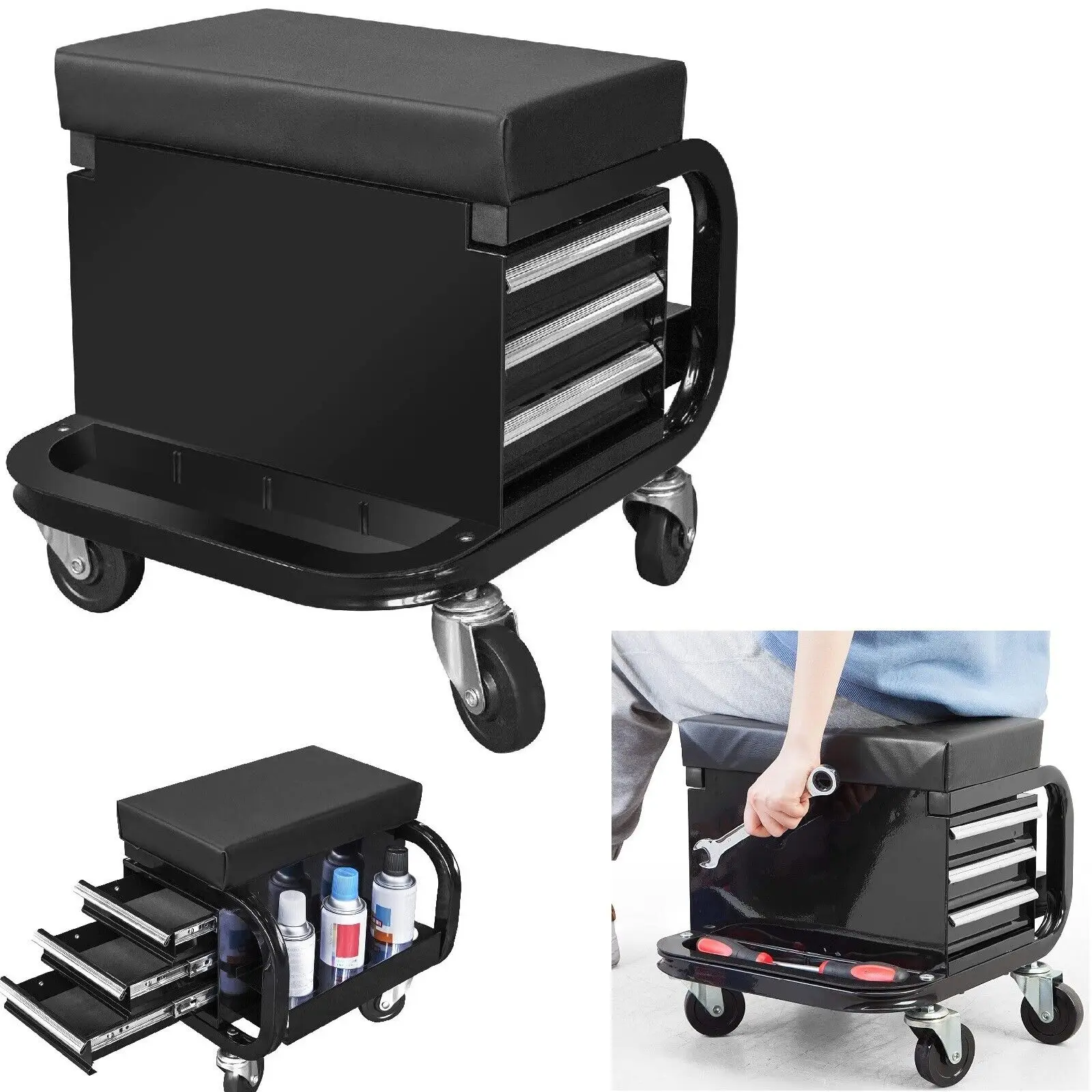 HPDMC acolchoado Mecânico Stool Tool Box com 3 gavetas e Rodas, Assento Creeper Preto, Garagem e Oficina