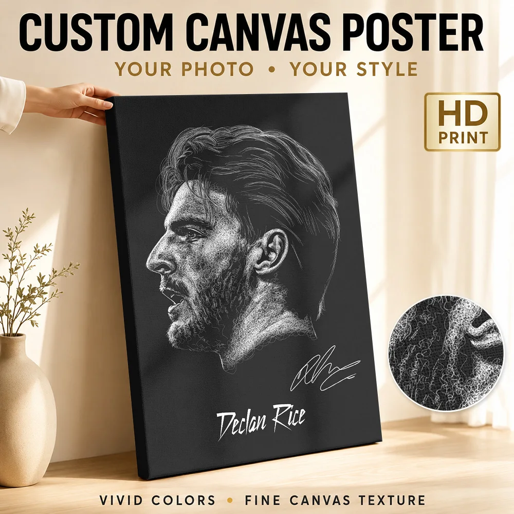 Declan Rice Canvas Poster Personalized Photo Sports Portrait Wall Art for Game Room Man Cave Decor Ready to Hang Gift for Fans