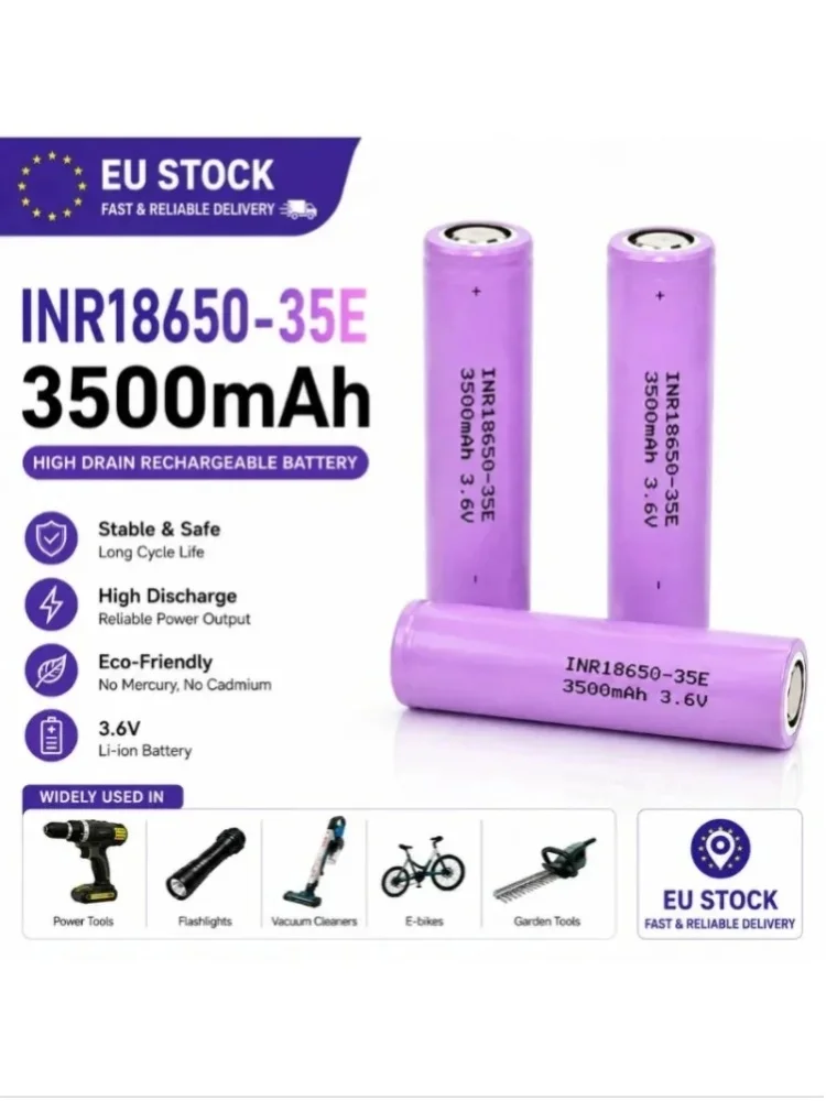 18650 3500mAh Batteriezelle 3,6V Wiederaufladbare Lithium-Ionen-Batterie mit hoher Kapazität INR18650-35E für Taschenlampe, Elektrowerkzeug, Staubsauger, E-Bike, DIY-Pack, EU-Lokalversand