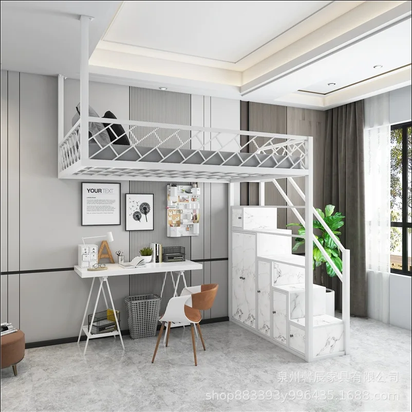 Modern, simple, multifunctional, semi-floor small apartment, space-saving storage, double bed, upper and lower wrought iron elev