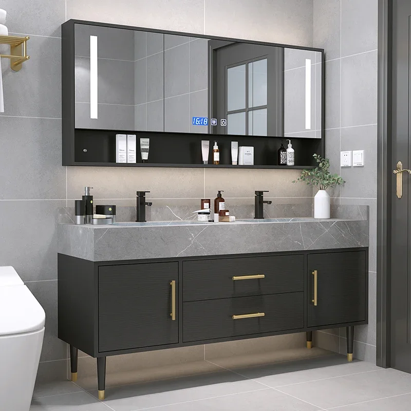 

Bathroom Marble Countertop Sets Solid Intelligent Wood Cabinet Smart Mirror Vanity Unit Mobile Bagno Basin Faucet Combination