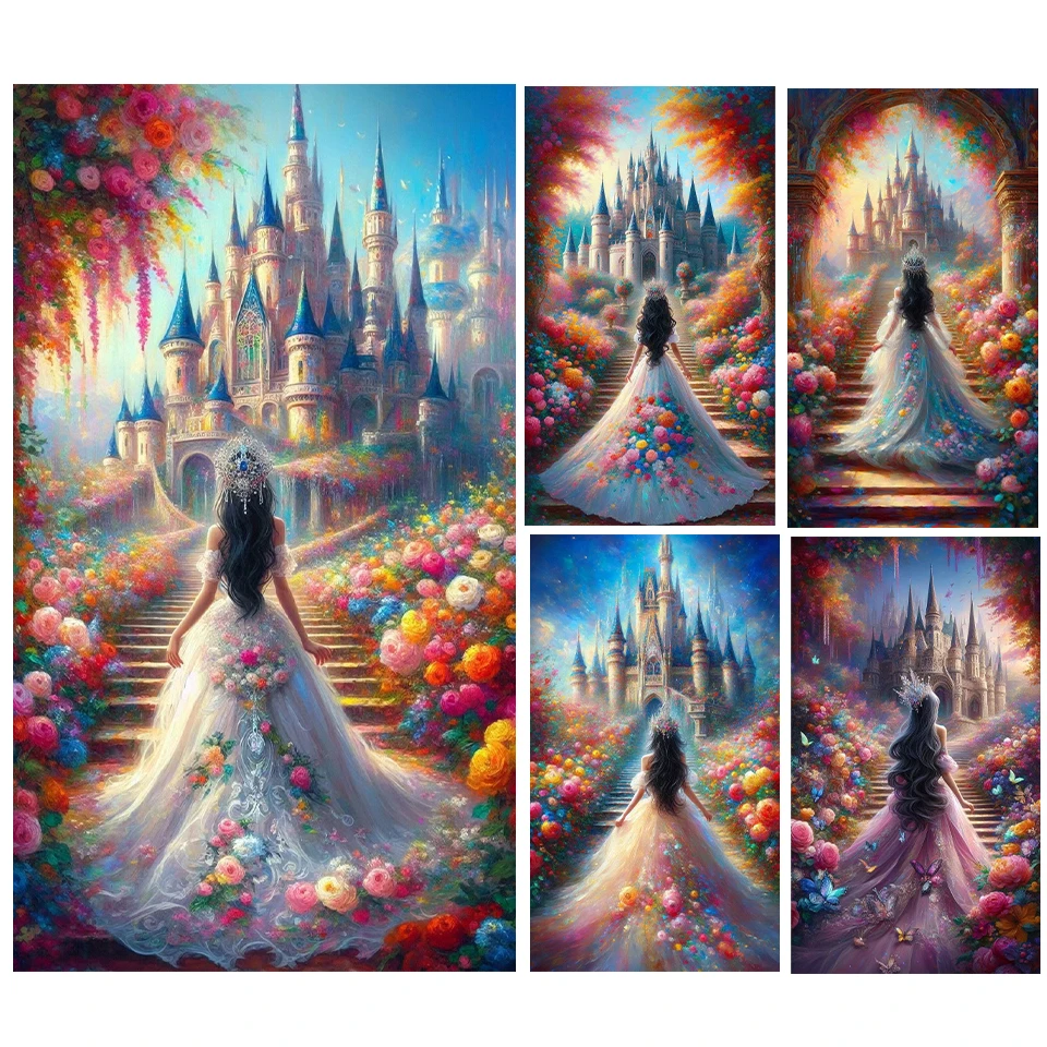 DIY 5D Diamond Embroidery Long Color Dress Princess Back Painting Mosaic Jewelry Cross Embroidery Palace Castle Home Decoration