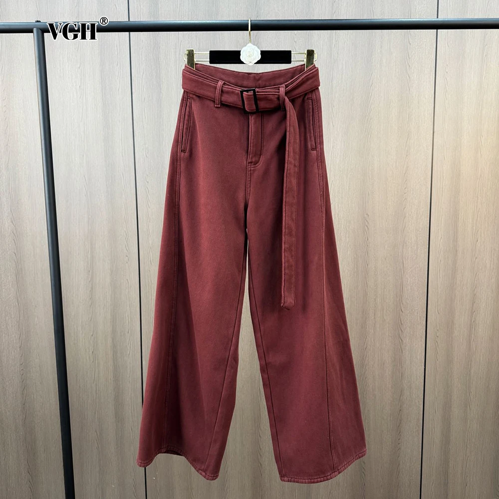 VGH Solid Patchwork Belt Chic Wide Leg Pants For Women High Waist Spliced Pocket Casual Minimalist Trousers Female Fashion New