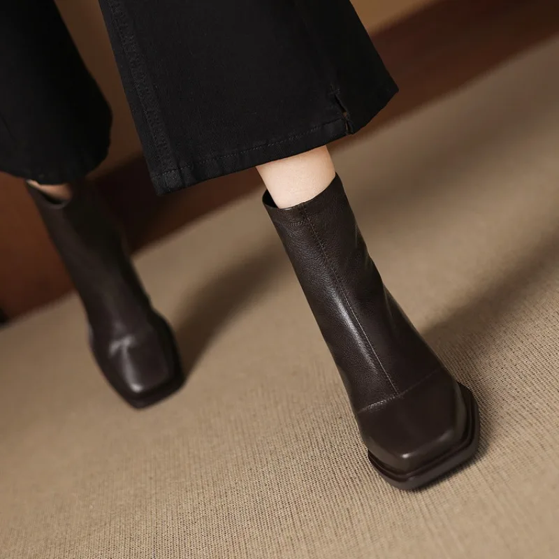 2026 Fashion Simple Style Mid Heel Women's Mid Calf Boots Spring Autumn New Trend Solid Square Toe Casual Thick Heel Women Boot
