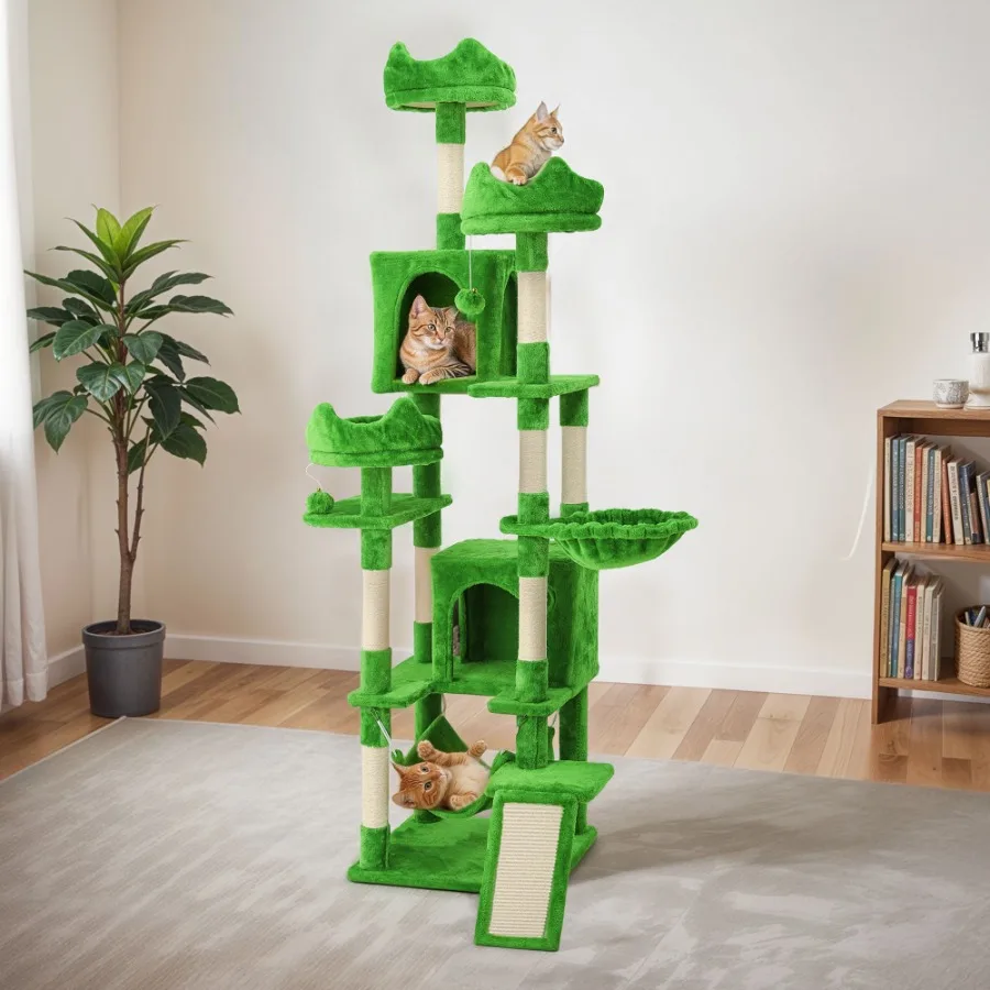 

75" Large Cat Tree Tower with Multi-Level Play Condo Sisal Ramp Scratching Posts and Cozy Basket Hammocks Green