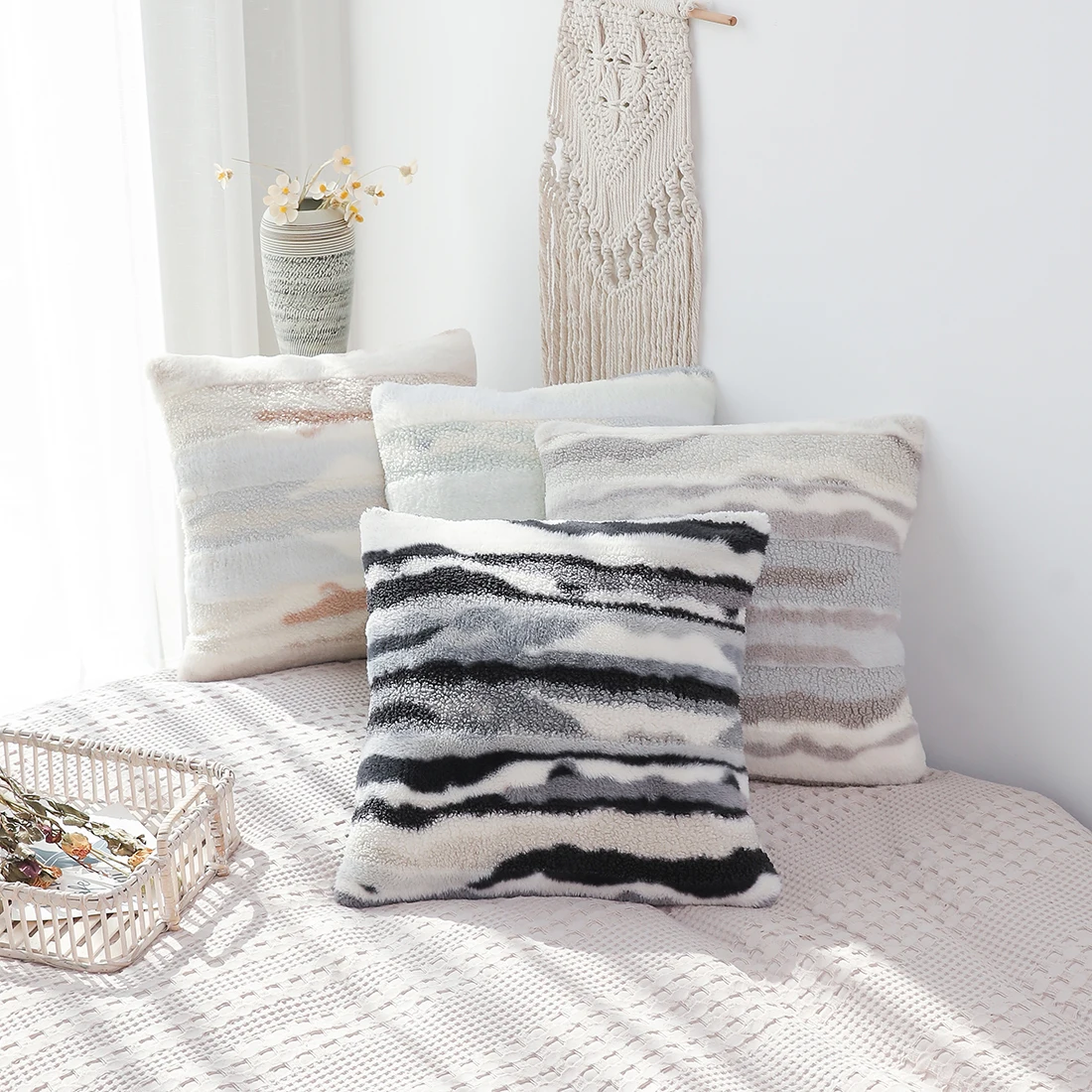 Gradient Cushion Cover 45x45cm Super Soft Gray Plush Decorative Imitation Rabbit Fur Pillow Cover For Home Use Sofa Living Room